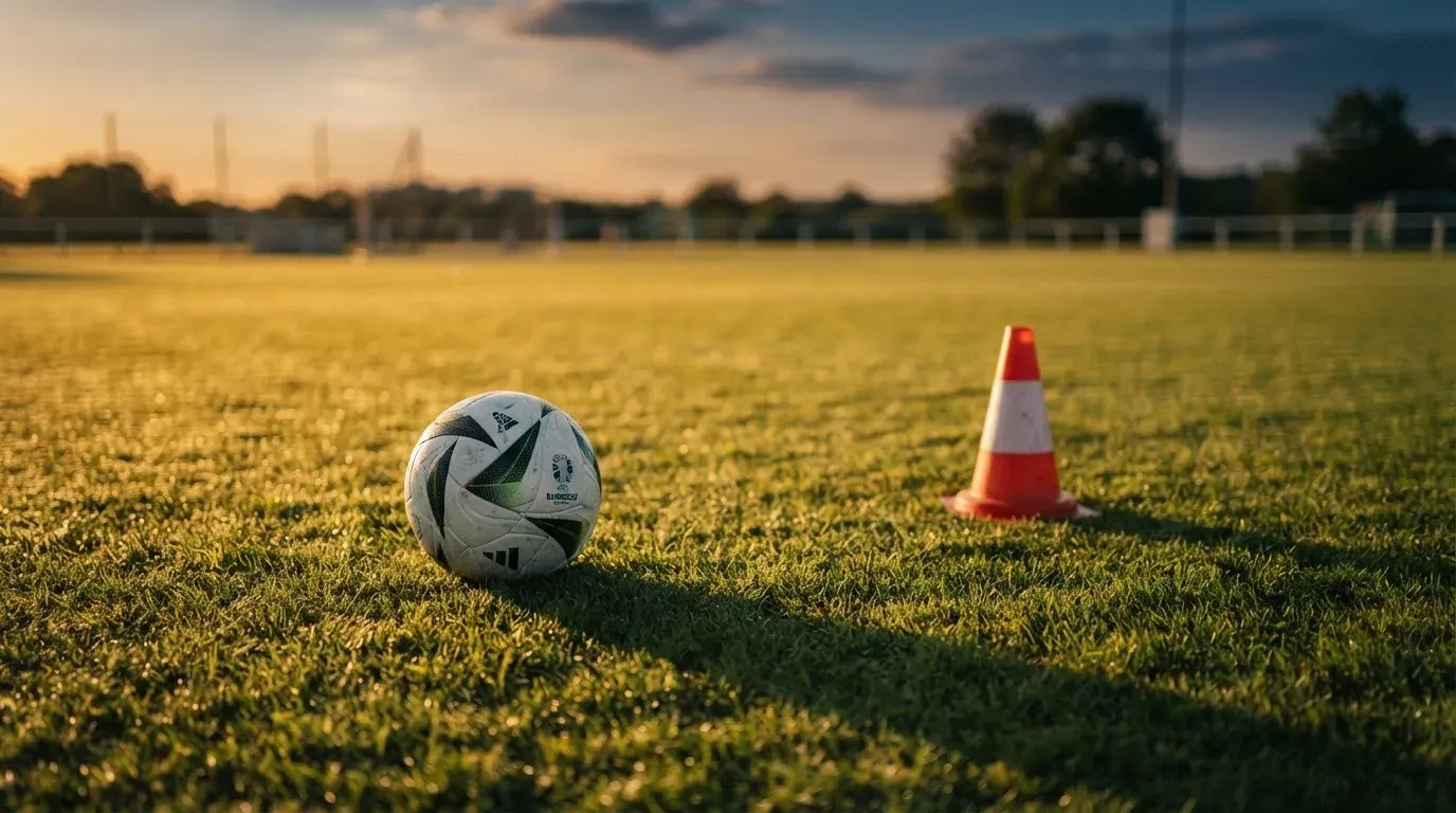 Ein Fußball liegt auf einem Trainingsplatz neben einem orangen Hütchen, Abendlicht fällt flach über den Rasen.