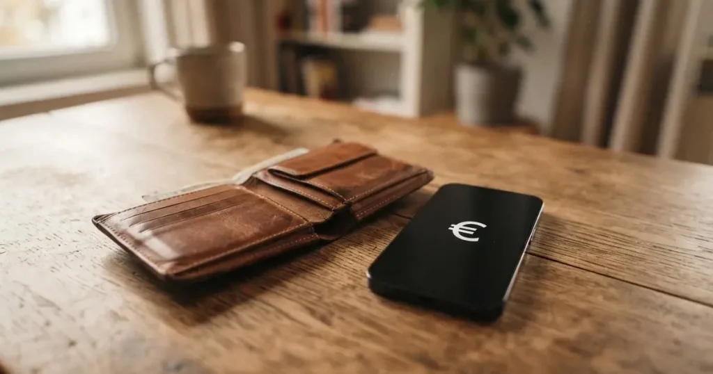 Ein Portemonnaie aus Leder liegt geöffnet auf einem Holztisch neben einem Smartphone mit dunklem Display, Fensterlicht fällt von der Seite.