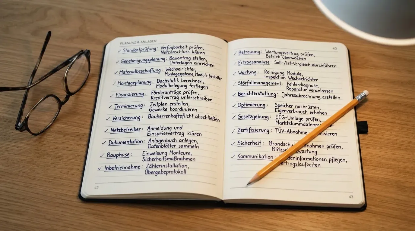 Ein aufgeschlagenes Notizbuch mit handschriftlichen Notizen liegt neben einem Bleistift auf einem Schreibtisch, daneben eine Brille.