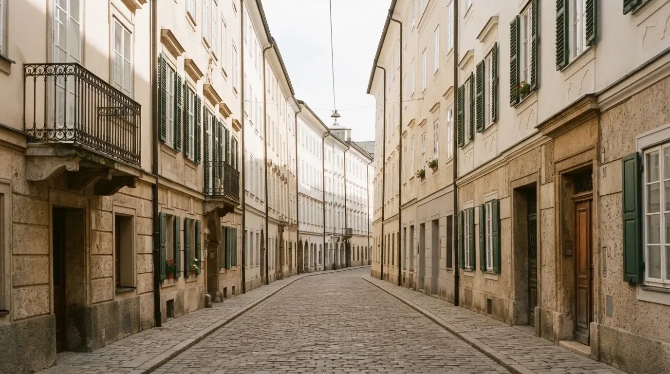 Ein ruhiger Straßenzug in einer Altstadt am Vormittag, helle Fassaden, keine Schilder, niemand ist zu sehen.