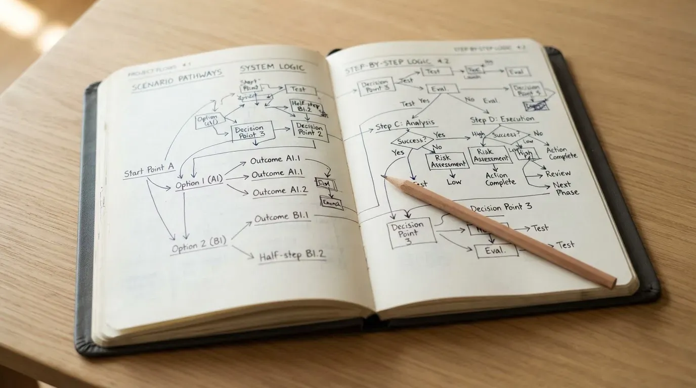 Ein aufgeschlagenes Notizbuch mit handschriftlichen Skizzen und Pfeilen liegt neben einem Bleistift auf einem Holztisch, Tageslicht fällt von der Seite.