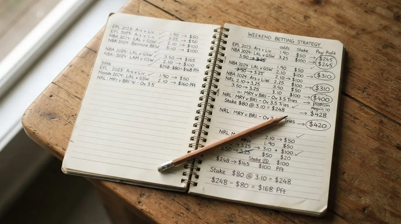 Ein aufgeschlagenes Notizbuch mit handschriftlichen Notizen und Pfeilen liegt neben einem Bleistift auf einem Holztisch, Tageslicht von links.