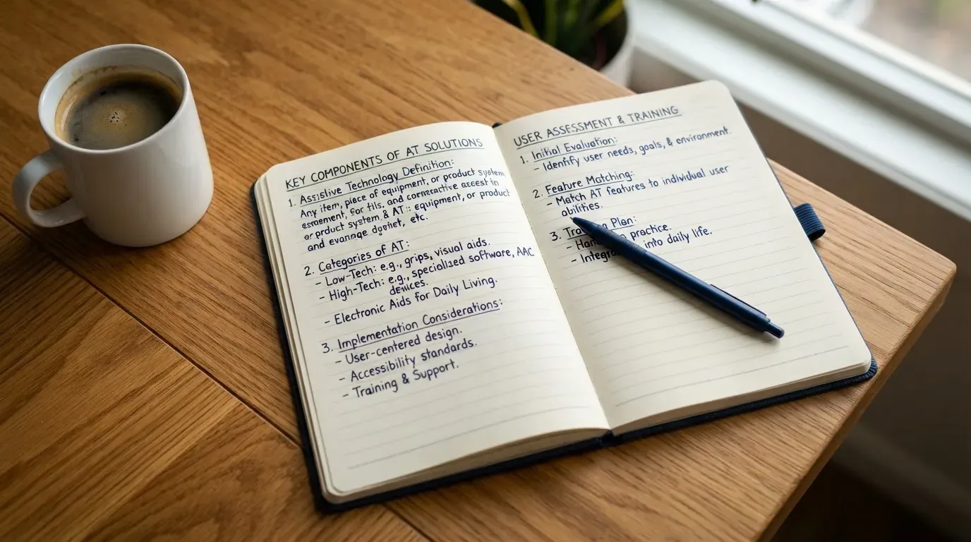 Ein Notizbuch mit handschriftlichen Notizen und ein Kugelschreiber liegen auf einem Schreibtisch neben einer Tasse, Blick schräg von oben.