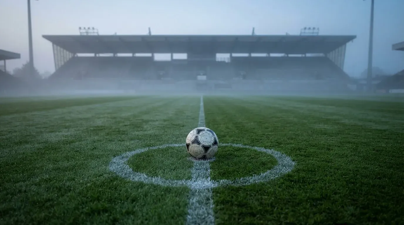 Ein Fußball liegt auf dem Anstoßpunkt eines leeren Rasenplatzes im Morgendunst, im Hintergrund eine ferne Tribüne.