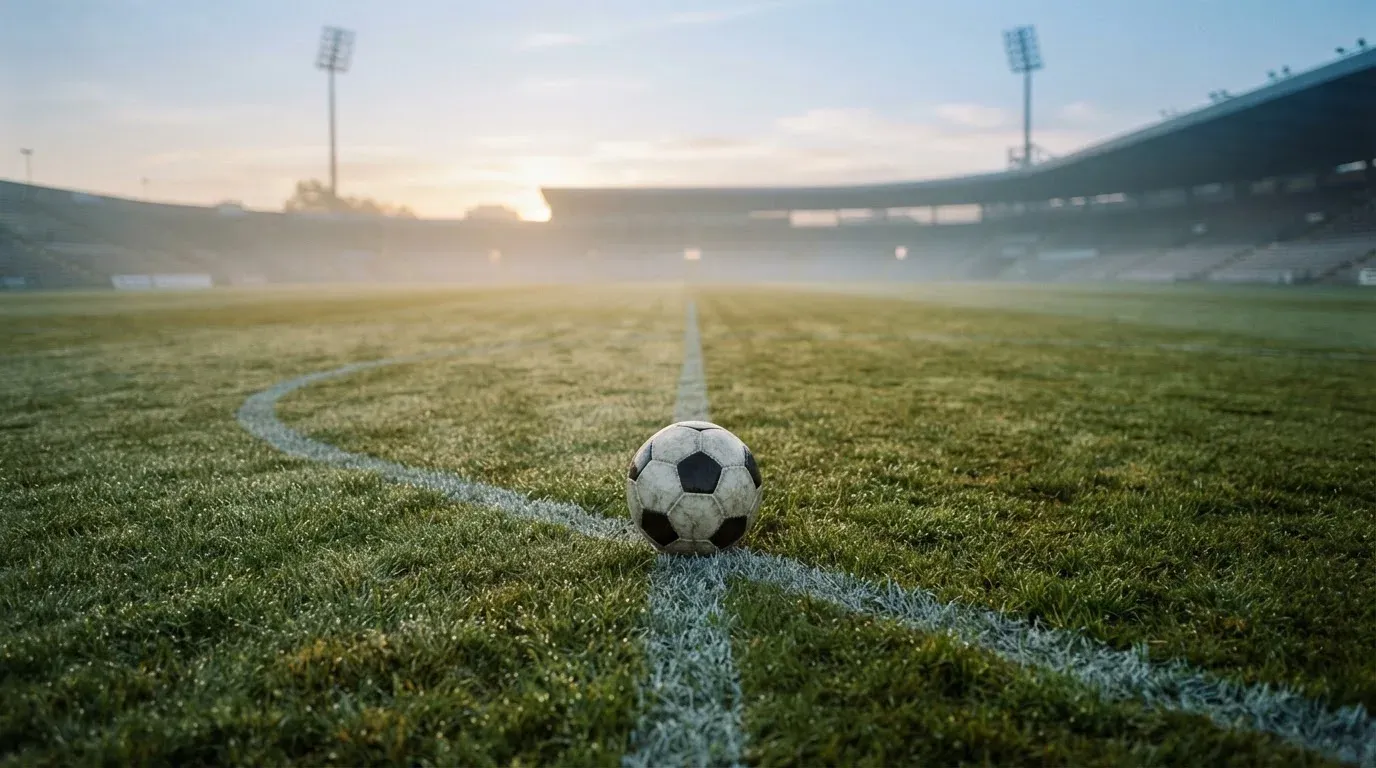 Ein Fußball liegt auf einem Rasenplatz, im Hintergrund eine ferne Tribüne im Morgendunst, Tau glänzt im Gras.