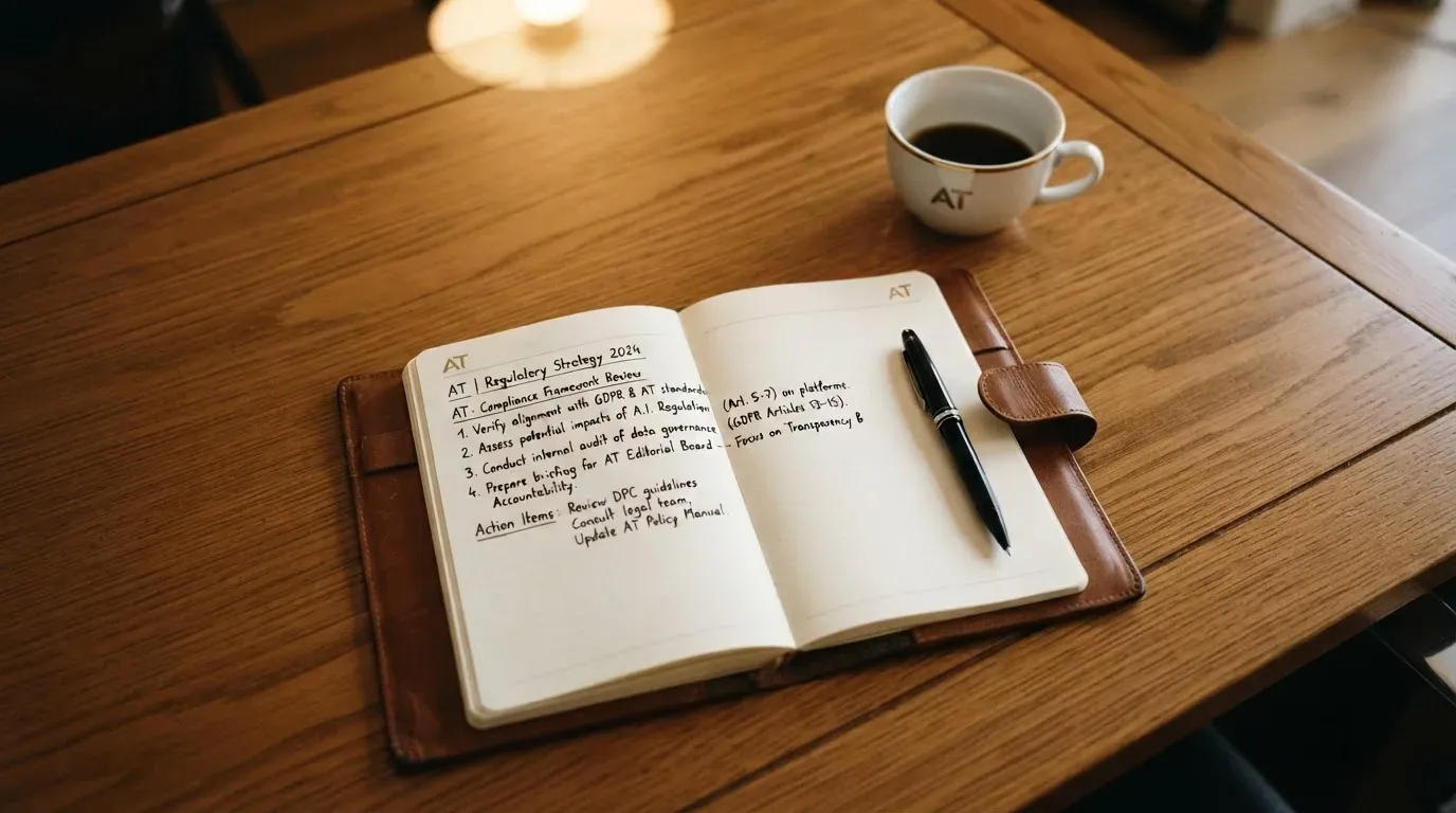 Ein Notizbuch mit handschriftlichen Notizen und ein Kugelschreiber liegen auf einem Schreibtisch neben einer Tasse, Blick schräg von oben.