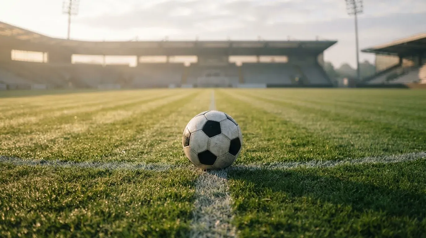 Ein Fußball liegt auf dem Mittelkreis eines leeren Rasenplatzes am frühen Morgen, im Hintergrund eine ferne Tribüne im Dunst.