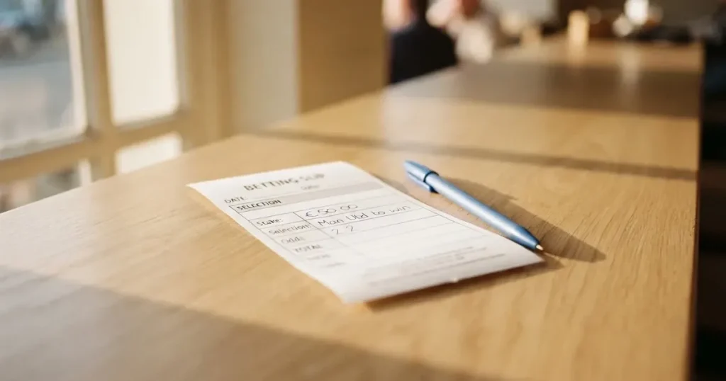 Ein leerer Papier-Wettschein ohne Aufdruck liegt neben einem Kugelschreiber auf einem hellen Tresen, weiches Seitenlicht.