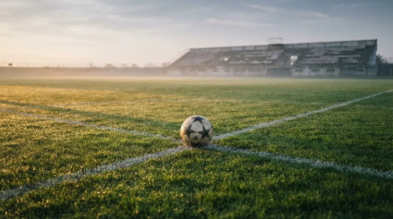 Ein Fußball liegt auf dem Mittelkreis eines leeren Rasenplatzes am frühen Morgen, im Hintergrund eine ferne Tribüne im Dunst.