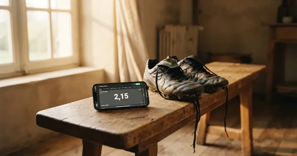 Ein Smartphone mit dunklem Display liegt auf einer Holzbank neben einem Paar Fußballschuhen, Morgenlicht fällt durch ein Fenster.