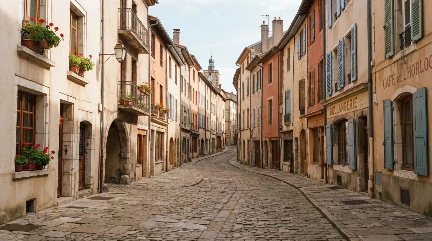 Ein ruhiger Straßenzug in einer Altstadt am Vormittag, helle Fassaden, keine Schilder, niemand ist zu sehen.