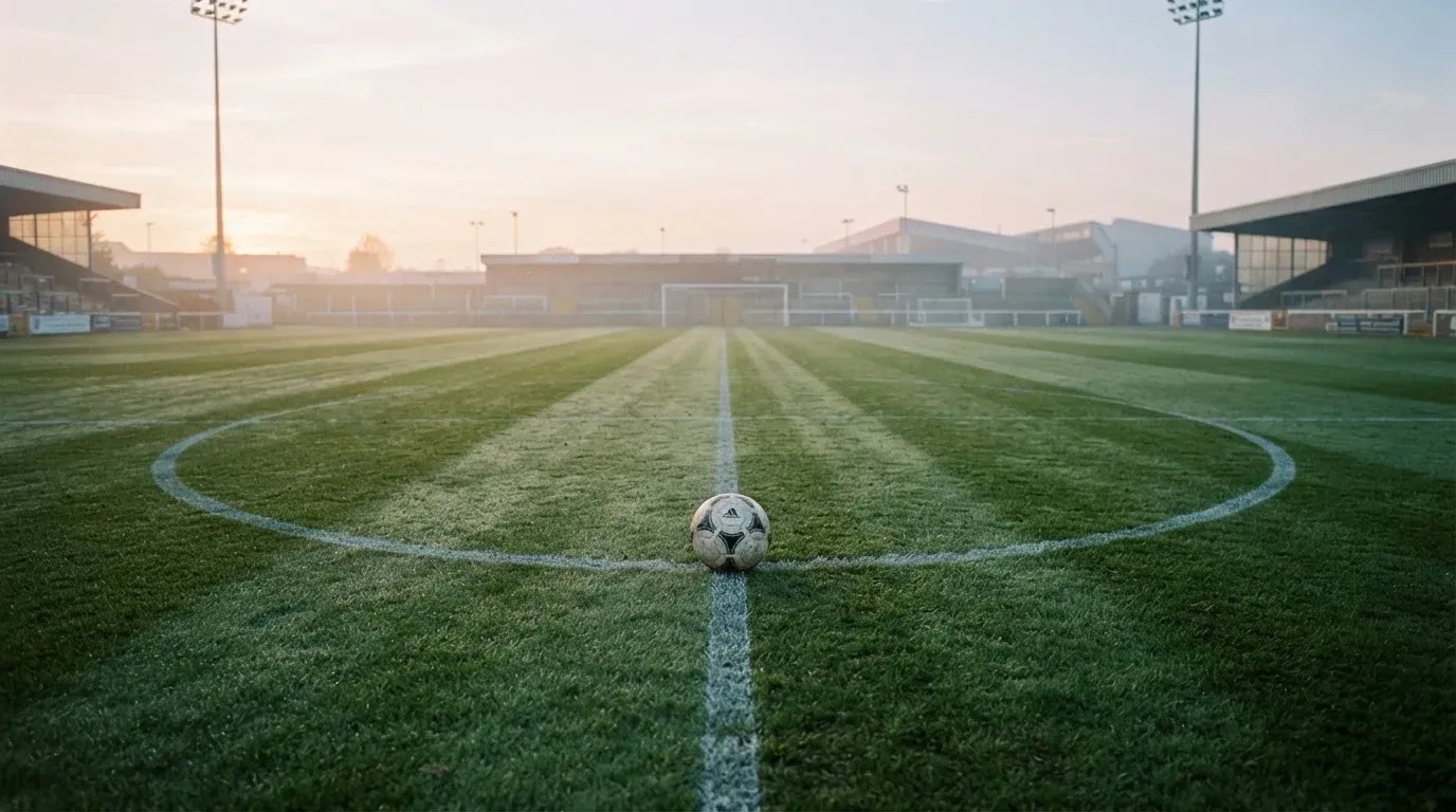 Ein Fußball liegt auf dem Mittelkreis eines leeren Rasenplatzes am frühen Morgen, im Hintergrund eine ferne Tribüne im Dunst.