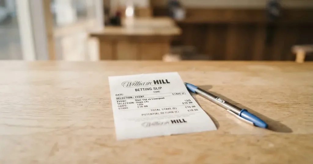 Ein leerer Papier-Wettschein ohne Aufdruck liegt neben einem Kugelschreiber auf einem hellen Tresen, weiches Seitenlicht.
