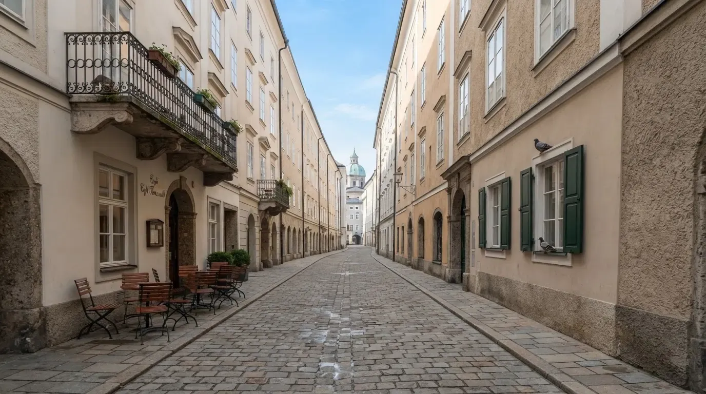 Ein ruhiger Straßenzug in einer Altstadt am Vormittag, helle Fassaden, keine Schilder, niemand ist zu sehen.