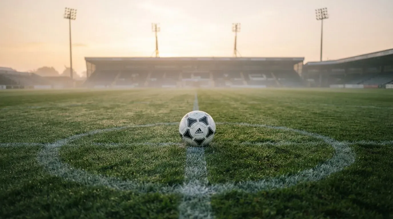 Ein Fußball liegt auf dem Mittelkreis eines leeren Rasenplatzes am frühen Morgen, im Hintergrund eine ferne Tribüne im Dunst.