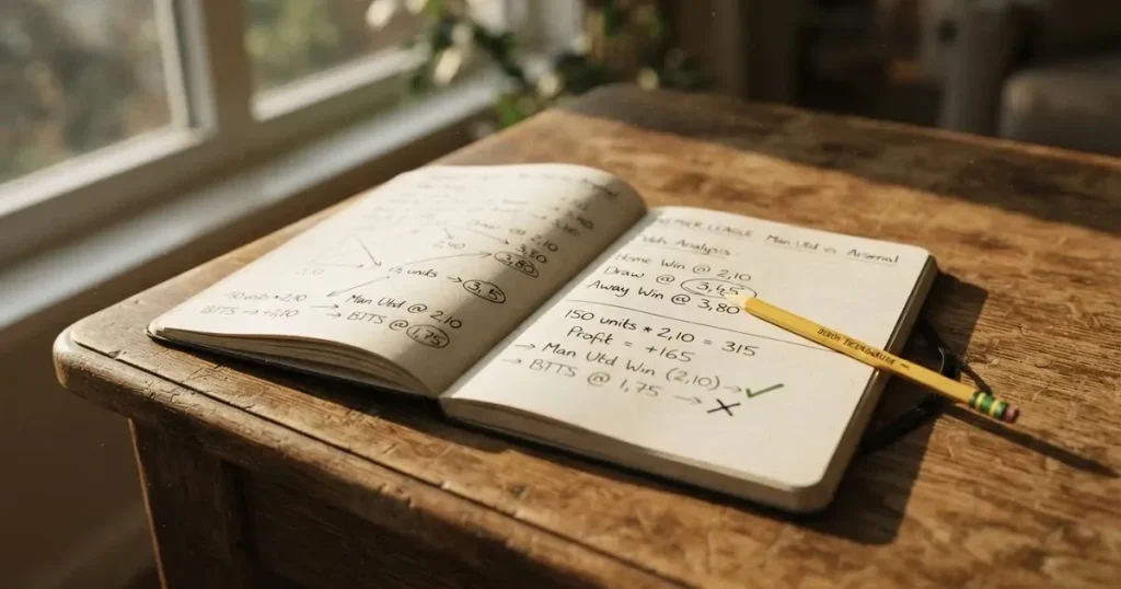 Ein Notizbuch mit handschriftlichen Notizen und kleinen Skizzen liegt aufgeschlagen neben einem Bleistift auf einem Schreibtisch, Fensterlicht von links.