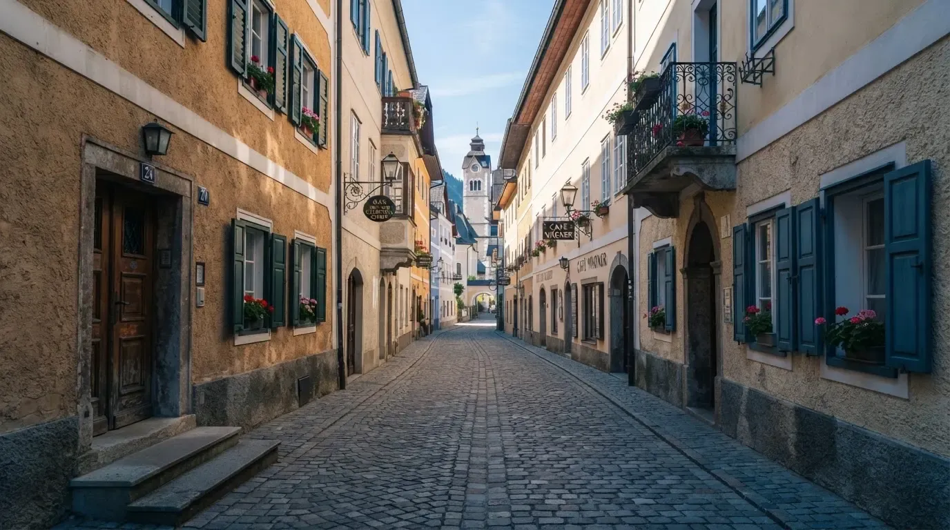 Ein ruhiger Straßenzug in einer Altstadt am Vormittag, helle Fassaden, keine Schilder, niemand ist zu sehen.