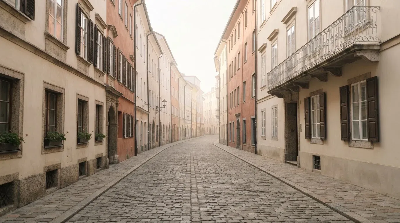 Ein ruhiger Straßenzug in einer Altstadt am Vormittag, helle Fassaden, keine Schilder, niemand ist zu sehen.