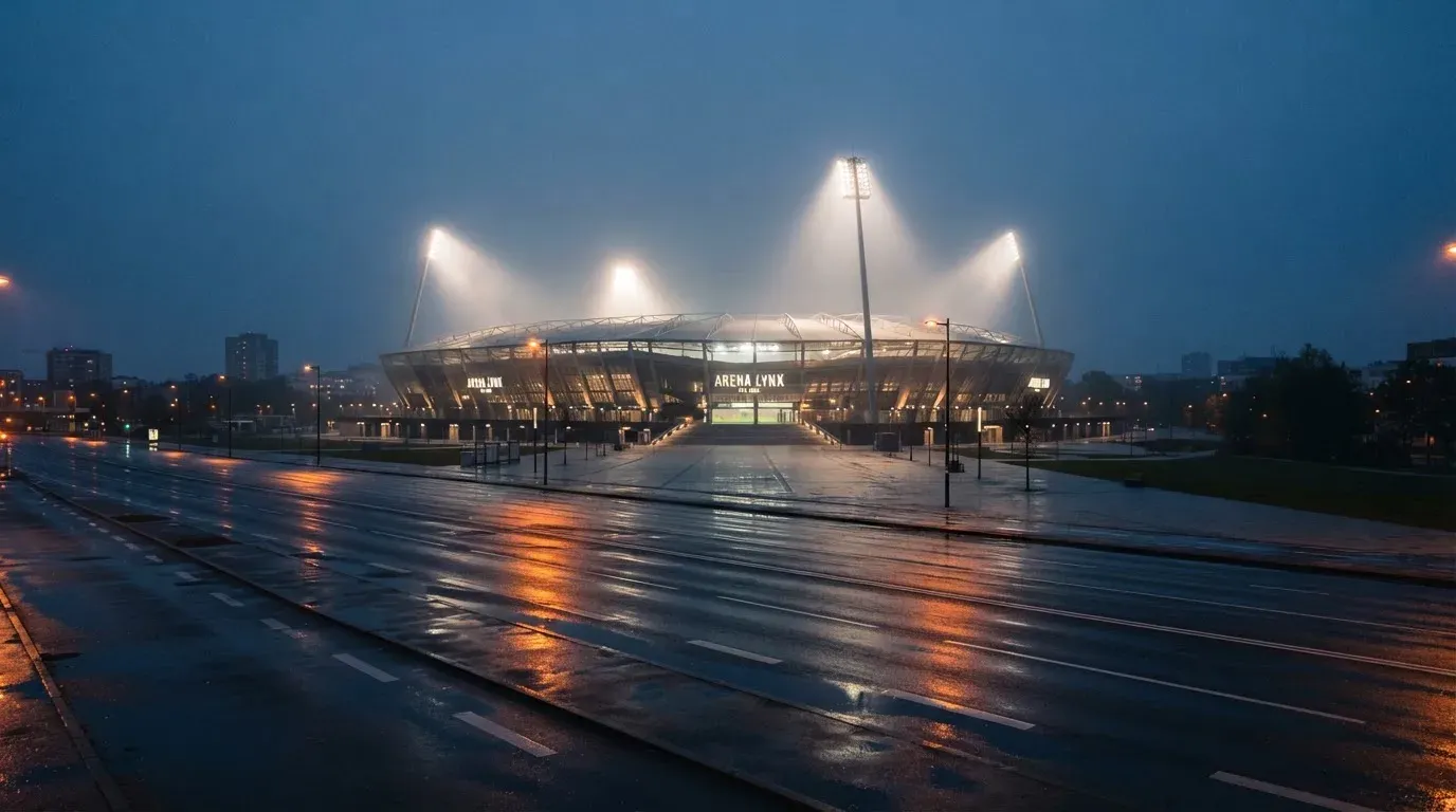 Ein Stadion unter Flutlicht aus großer Entfernung gesehen, davor eine nasse Straße in der Abenddämmerung.