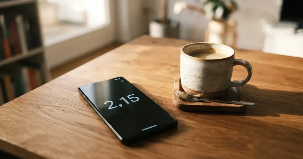 Ein Smartphone mit dunklem Display liegt auf einem Holztisch neben einer Kaffeetasse, Tageslicht fällt von der Seite ein.