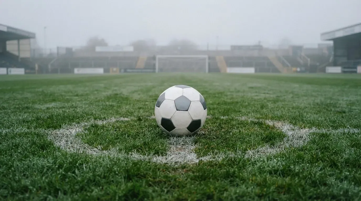 Ein Fußball liegt auf dem Rasen eines leeren Platzes im Morgennebel, im Hintergrund verschwimmen die Tribünen.