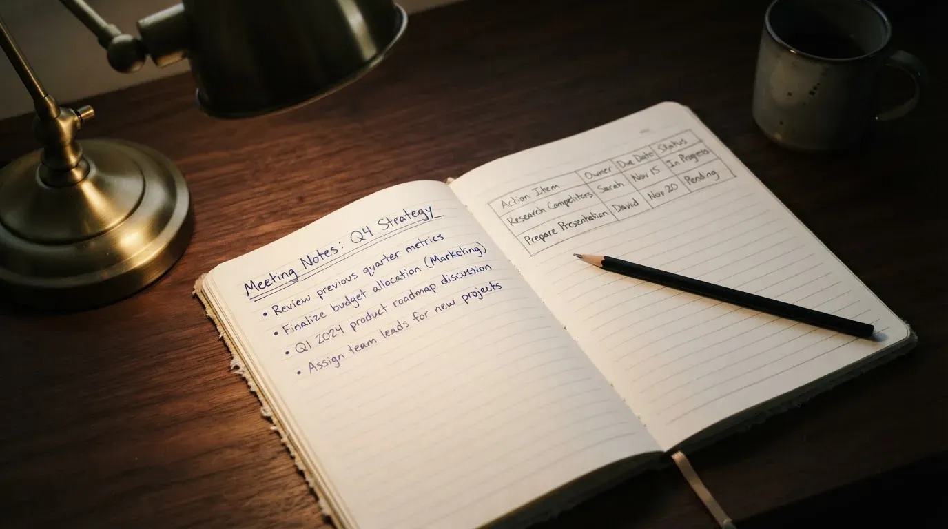Ein aufgeschlagenes Notizbuch mit handschriftlichen Notizen und ein Bleistift liegen auf einem Schreibtisch im Licht einer Lampe.