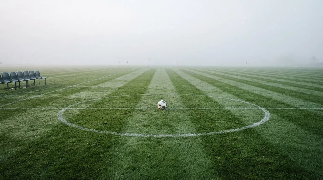 Ein Fußball liegt auf dem Rasen eines leeren Platzes im Morgennebel, am Rand stehen unbesetzte Ersatzbänke.