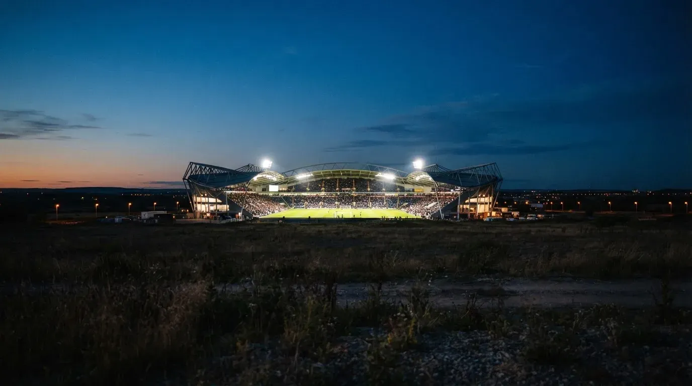 Ein Stadion unter Flutlicht aus großer Entfernung gesehen, der Himmel darüber ist tiefblau.