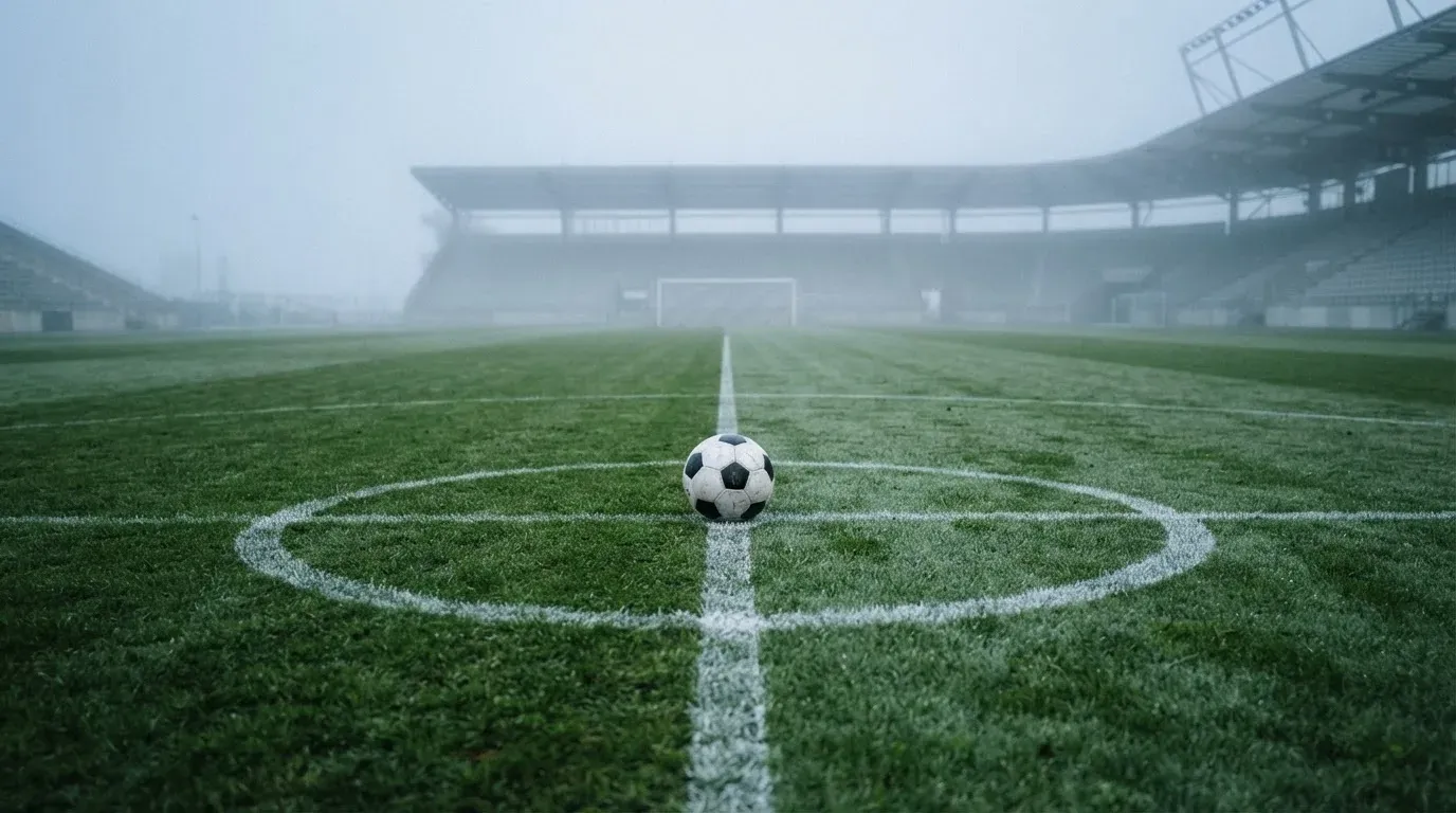 Ein Fußball liegt auf dem Anstoßpunkt eines leeren Rasenplatzes im Morgennebel.