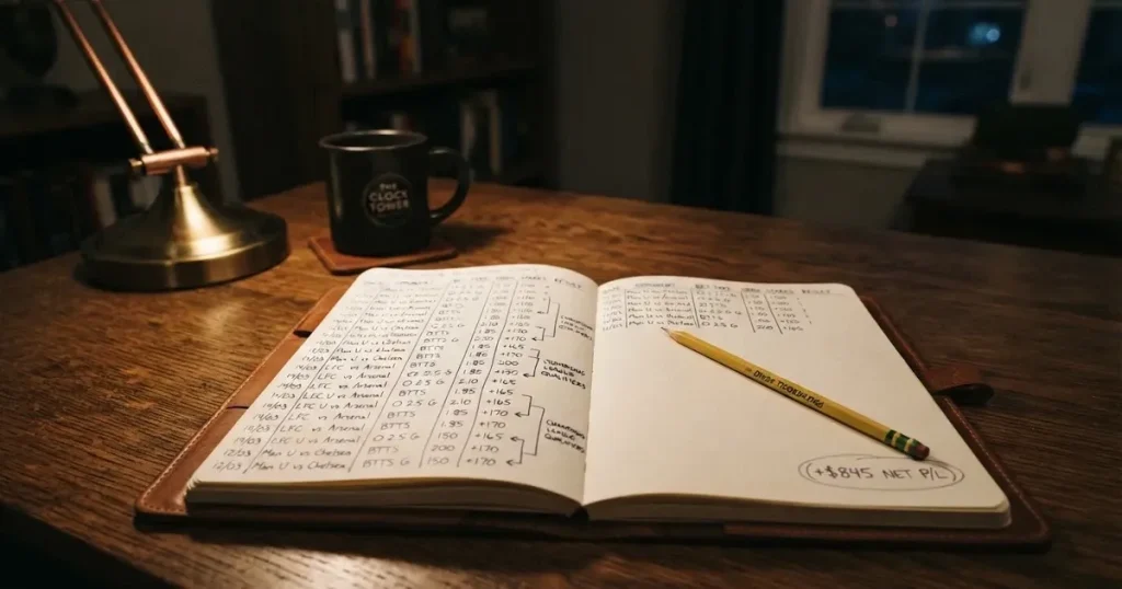 Ein aufgeschlagenes Notizbuch mit handschriftlichen Notizen und ein Bleistift liegen auf einem Schreibtisch im Licht einer Lampe.
