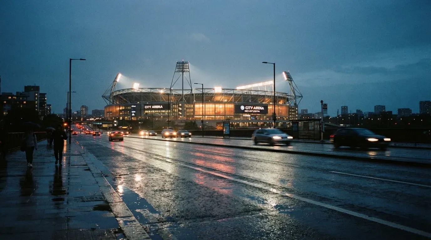 Ein Stadion unter Flutlicht aus großer Entfernung gesehen, davor eine regennasse Straße in der Dämmerung.