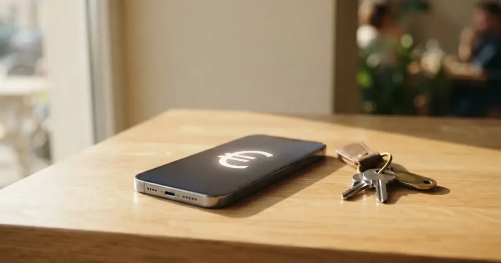 Ein Smartphone mit dunklem Display liegt auf einem hellen Tisch neben einem Schlüsselbund, Tageslicht fällt von der Seite ein.