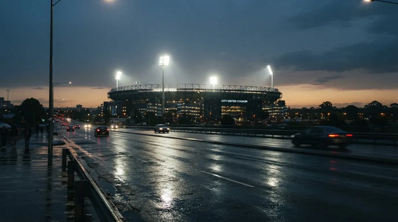 Ein Stadion unter Flutlicht aus großer Entfernung gesehen, davor eine regennasse Straße in der Dämmerung.