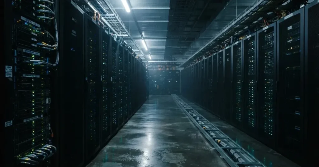 Ein Serverraum mit Reihen schwarzer Rechnerschränke und kühlem Kontrolllicht, Blick einen leeren Gang entlang.
