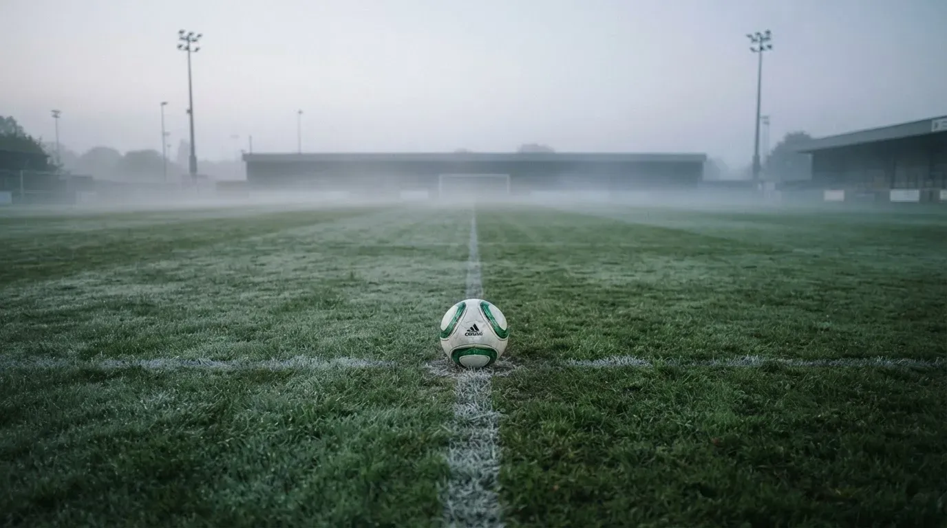 Ein Fußball liegt auf dem Anstoßpunkt eines leeren Rasenplatzes im Morgennebel.
