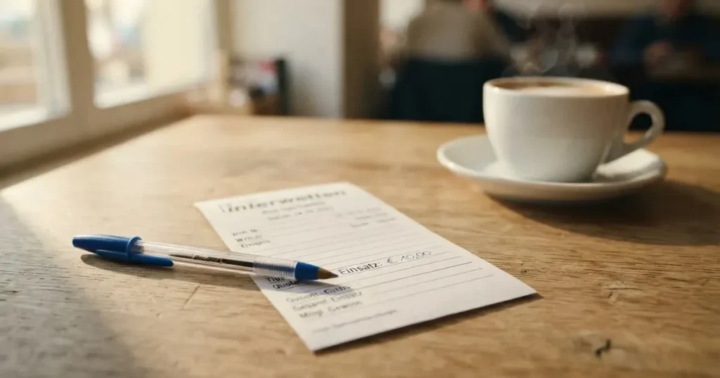 Ein leerer Wettschein aus Papier und ein Kugelschreiber liegen auf einem hellen Holztisch neben einer Kaffeetasse im warmen Seitenlicht.