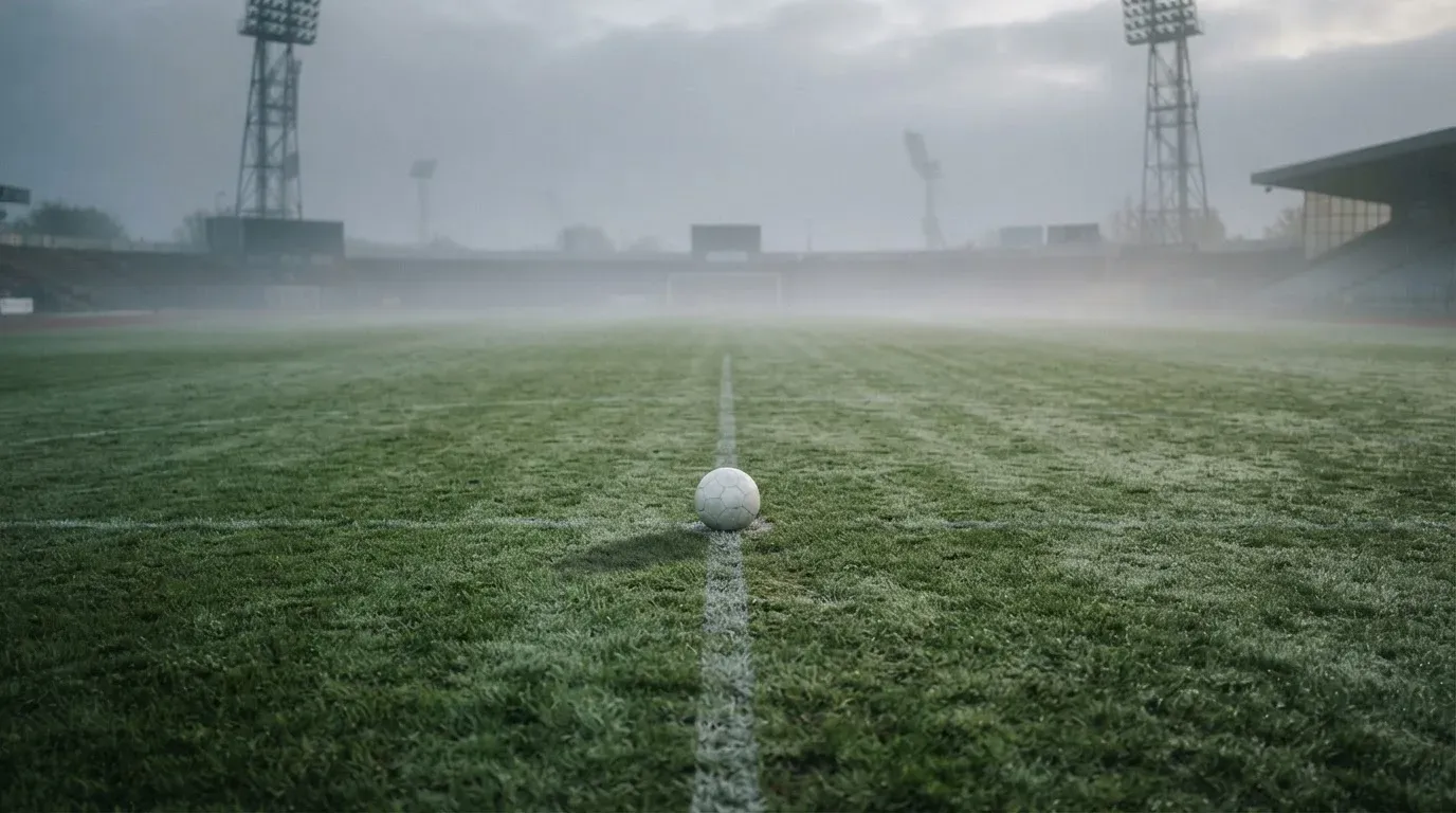 Ein Fußball liegt auf dem Anstoßpunkt eines leeren Rasenplatzes im Morgennebel.