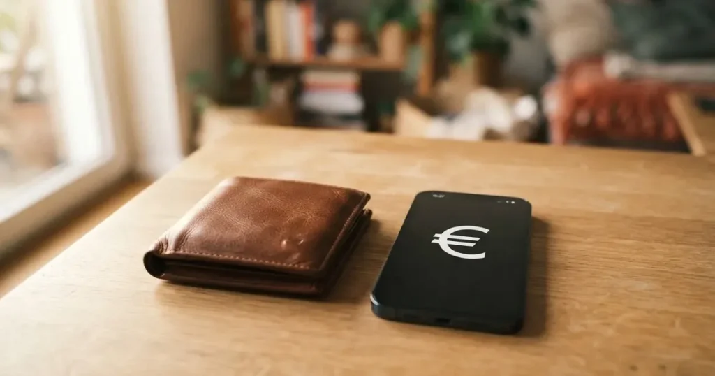 Ein Portemonnaie aus Leder liegt geschlossen auf einem hellen Holztisch neben einem Smartphone mit dunklem Display.