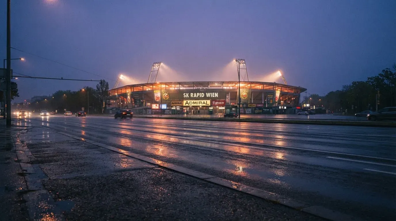 Ein Stadion unter Flutlicht aus großer Entfernung gesehen, davor eine regennasse Straße in der Dämmerung.