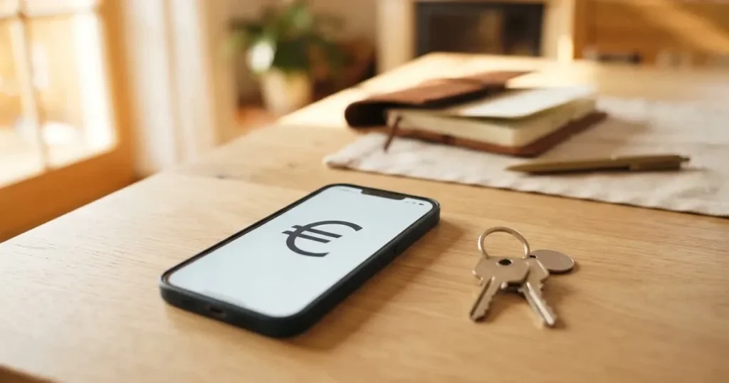Ein Smartphone mit dunklem Display liegt auf einem hellen Tisch neben einem Schlüsselbund, Tageslicht fällt von der Seite ein.