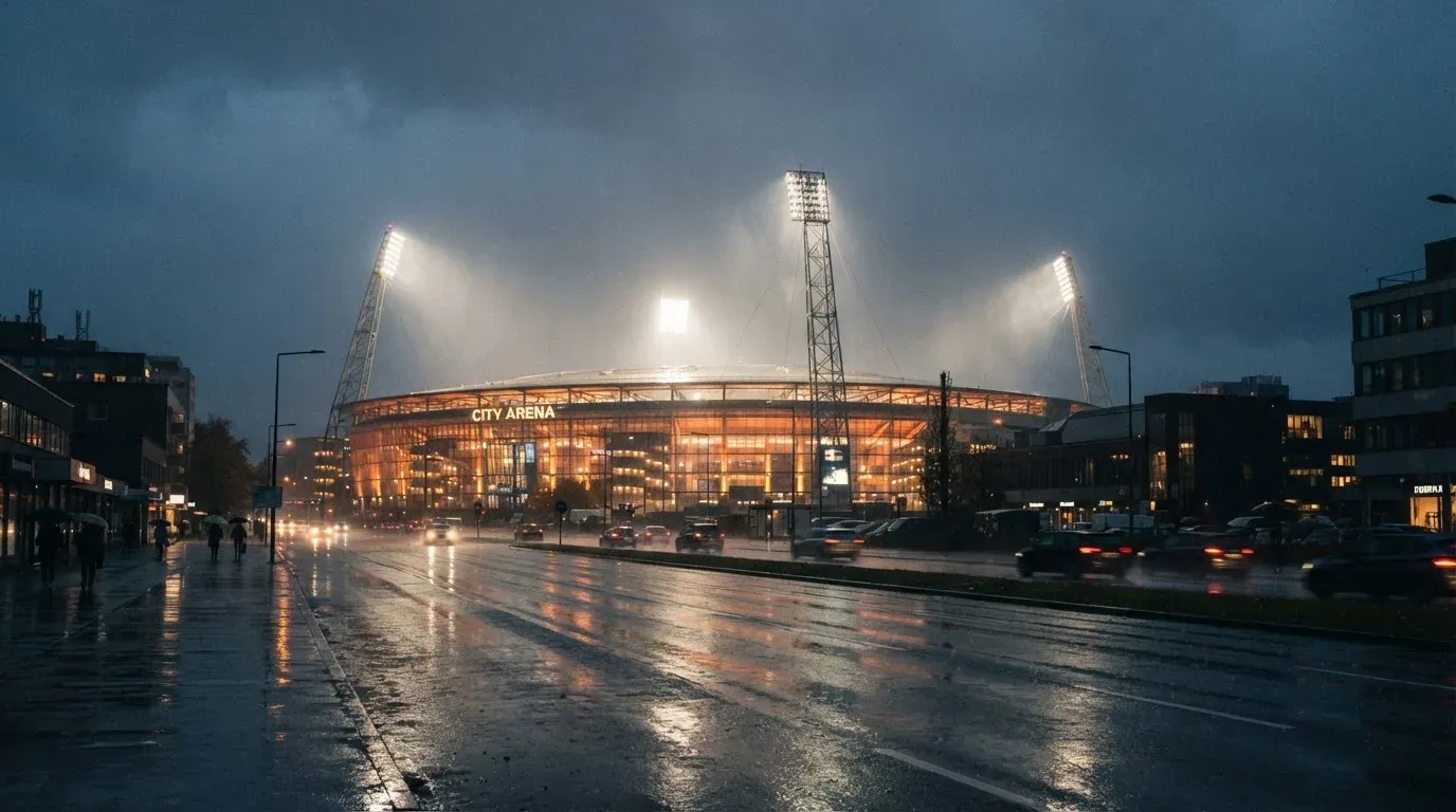 Ein Stadion unter Flutlicht aus großer Entfernung gesehen, davor eine regennasse Straße in der Dämmerung.