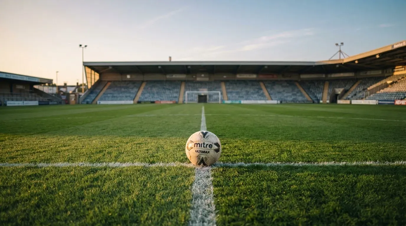 Ein Fußball liegt auf dem Anstoßpunkt eines leeren Rasenplatzes, im Hintergrund eine menschenleere Tribüne im weichen Abendlicht.