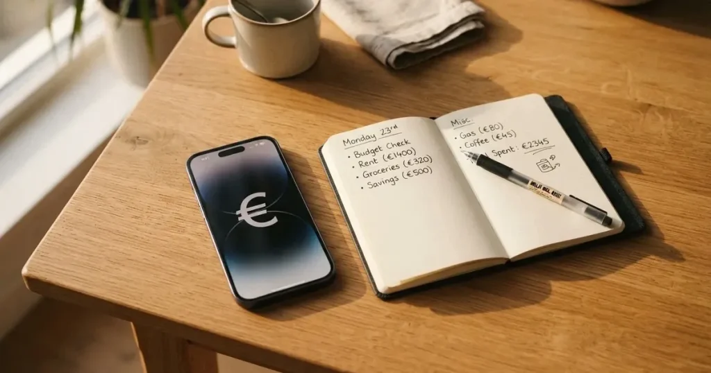 Ein Smartphone mit dunklem Display liegt neben einem Notizbuch und ein paar Euro-Münzen auf einem hellen Holztisch im Morgenlicht.