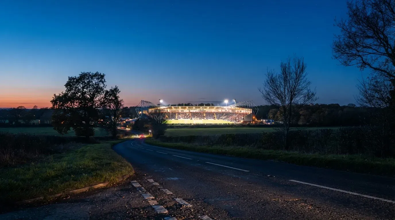 Ein Stadion unter Flutlicht aus großer Entfernung gesehen, davor eine dunkle Landstraße und einzelne Bäume in der Dämmerung.