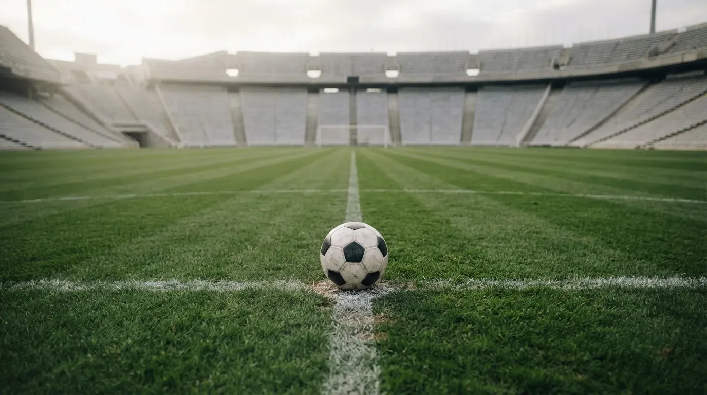 Ein Fußball liegt auf dem Anstoßpunkt eines leeren Rasenplatzes, im Hintergrund eine menschenleere Tribüne in weichem Licht.