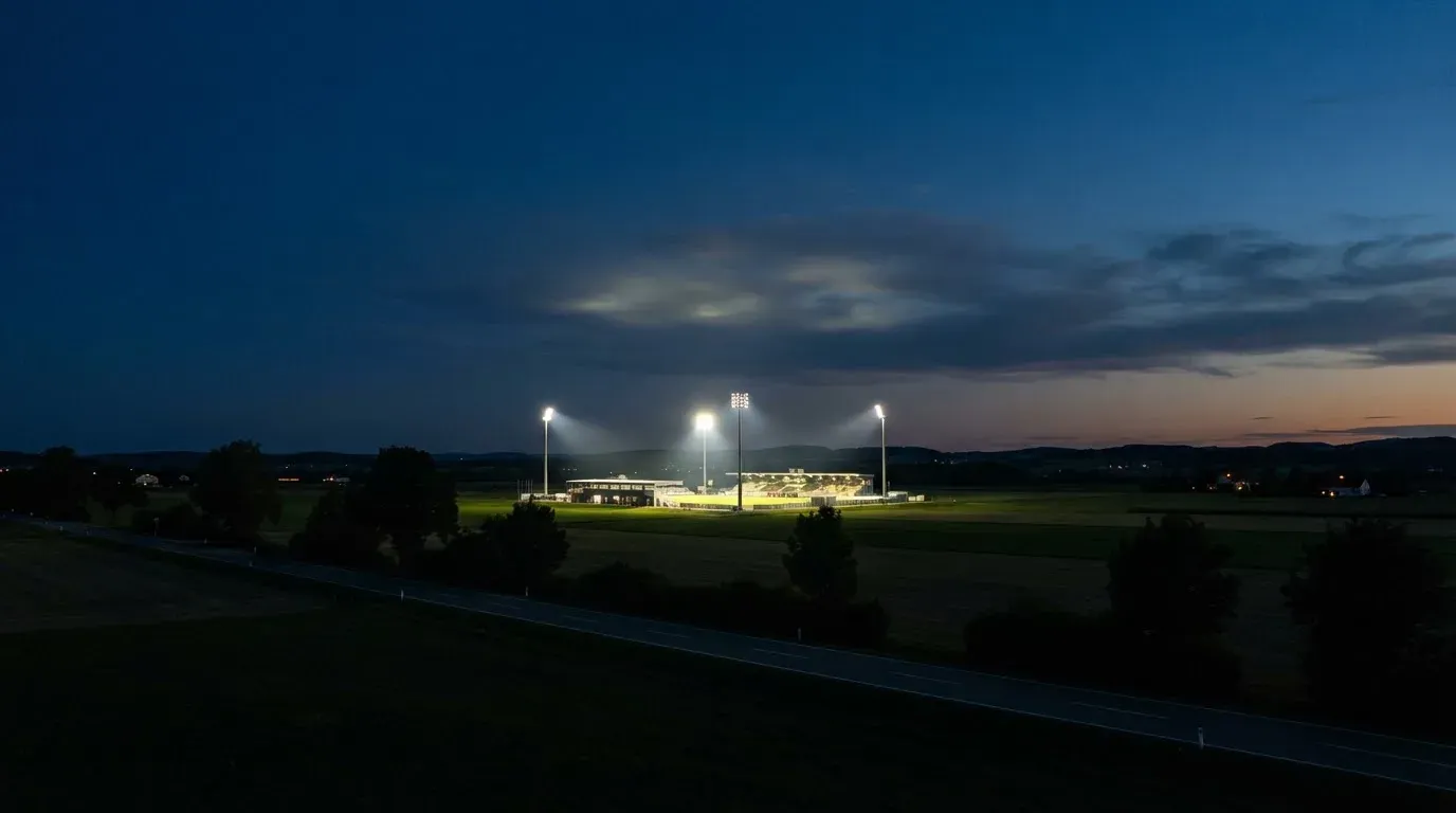 Ein Stadion unter Flutlicht aus großer Entfernung gesehen, davor eine dunkle Landstraße und einzelne Bäume.