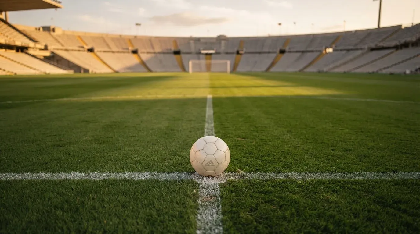 Ein Fußball liegt auf dem Anstoßpunkt eines leeren Rasenplatzes, dahinter eine menschenleere Tribüne im weichen Abendlicht.