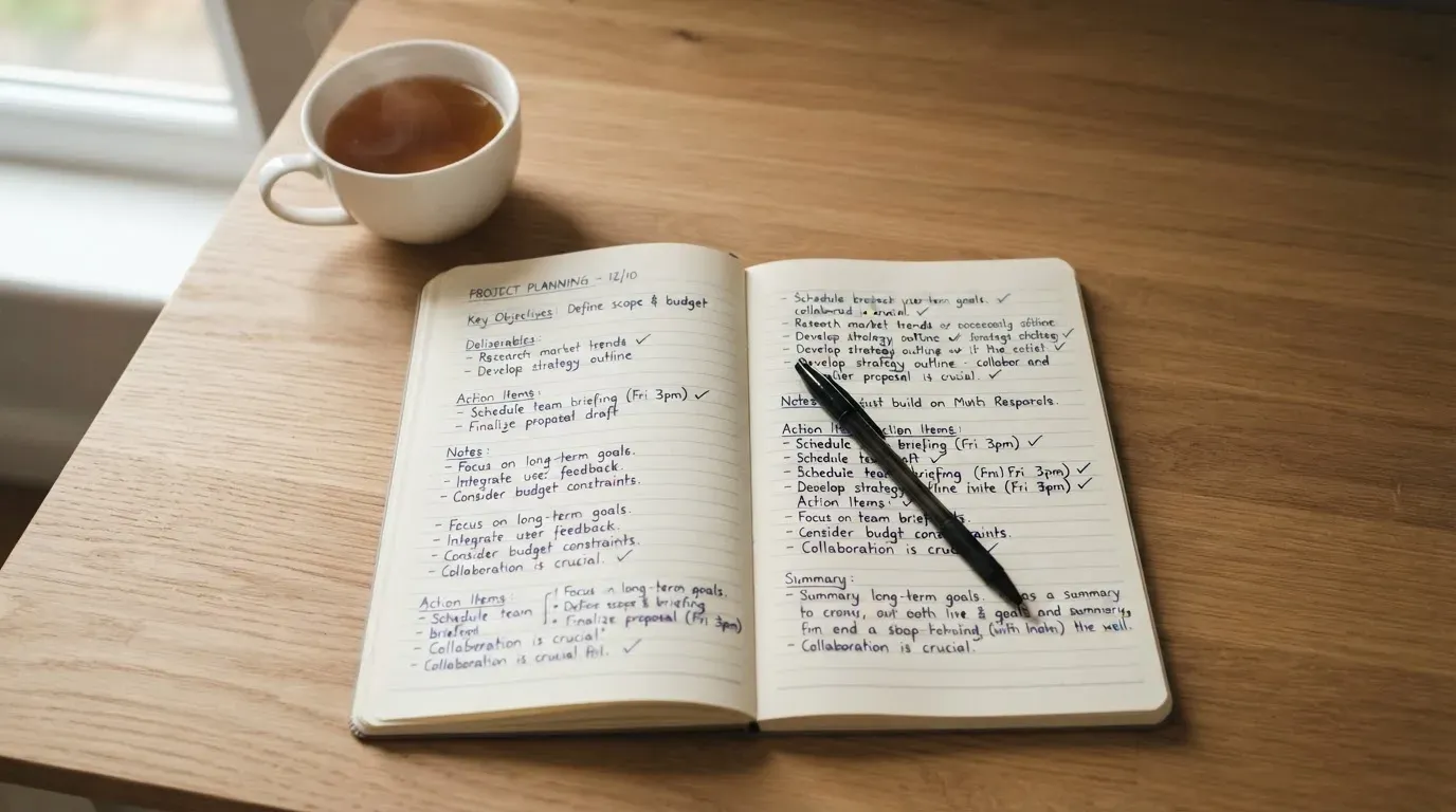 Ein aufgeschlagenes Notizbuch mit handgeschriebenen Notizen und ein Kugelschreiber liegen auf einem Schreibtisch neben einer Tasse Tee.