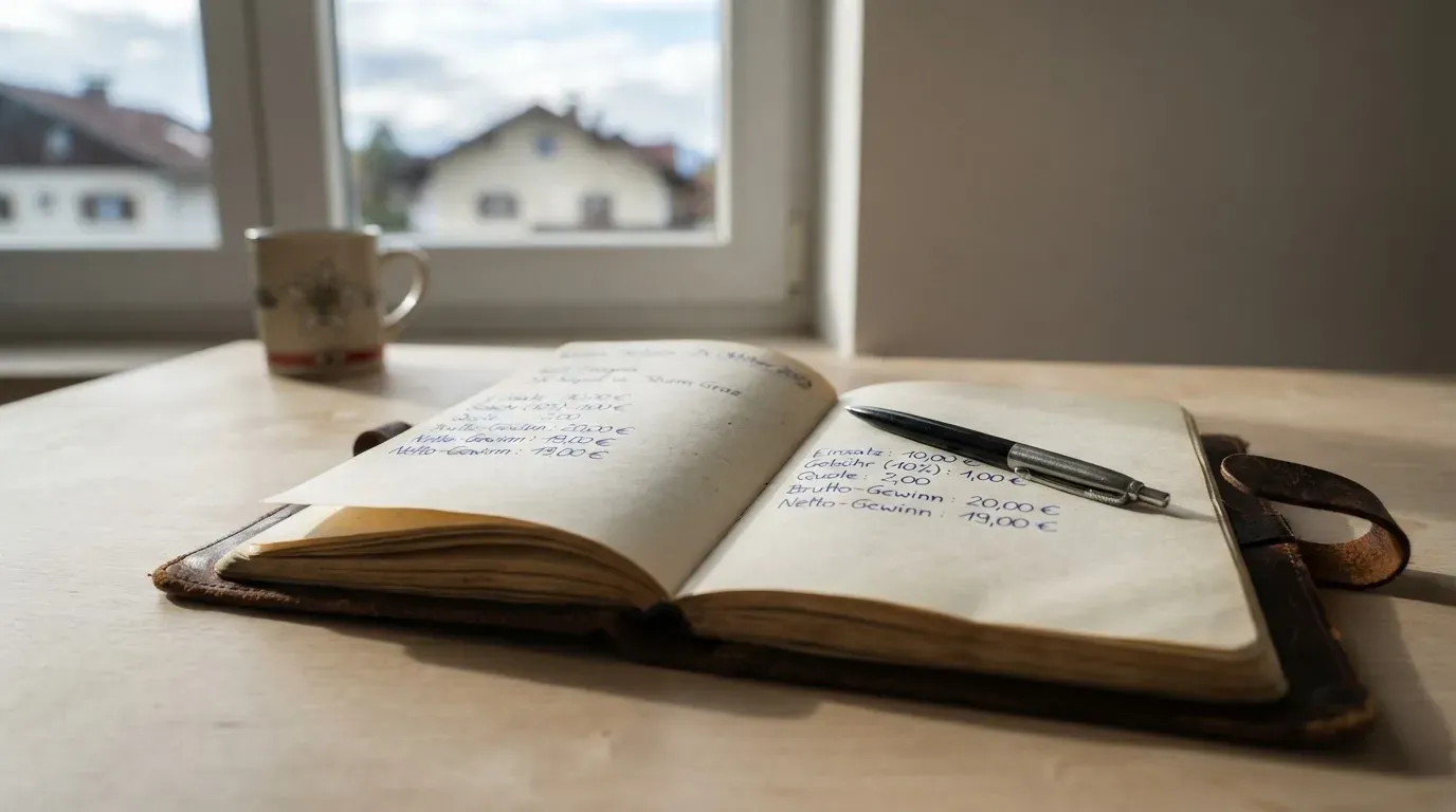 Ein Notizbuch mit handschriftlichen Rechnungen und ein Taschenrechner auf einem Schreibtisch, im Fenster fällt Morgenlicht.