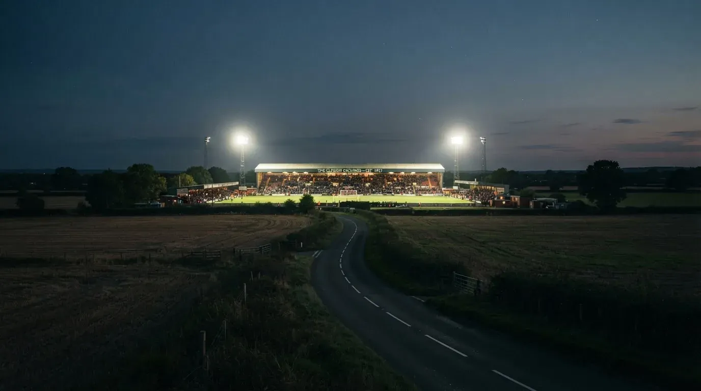 Ein Fußballstadion unter Flutlicht aus großer Entfernung gesehen, davor Felder und eine ruhige Straße in der Dämmerung.
